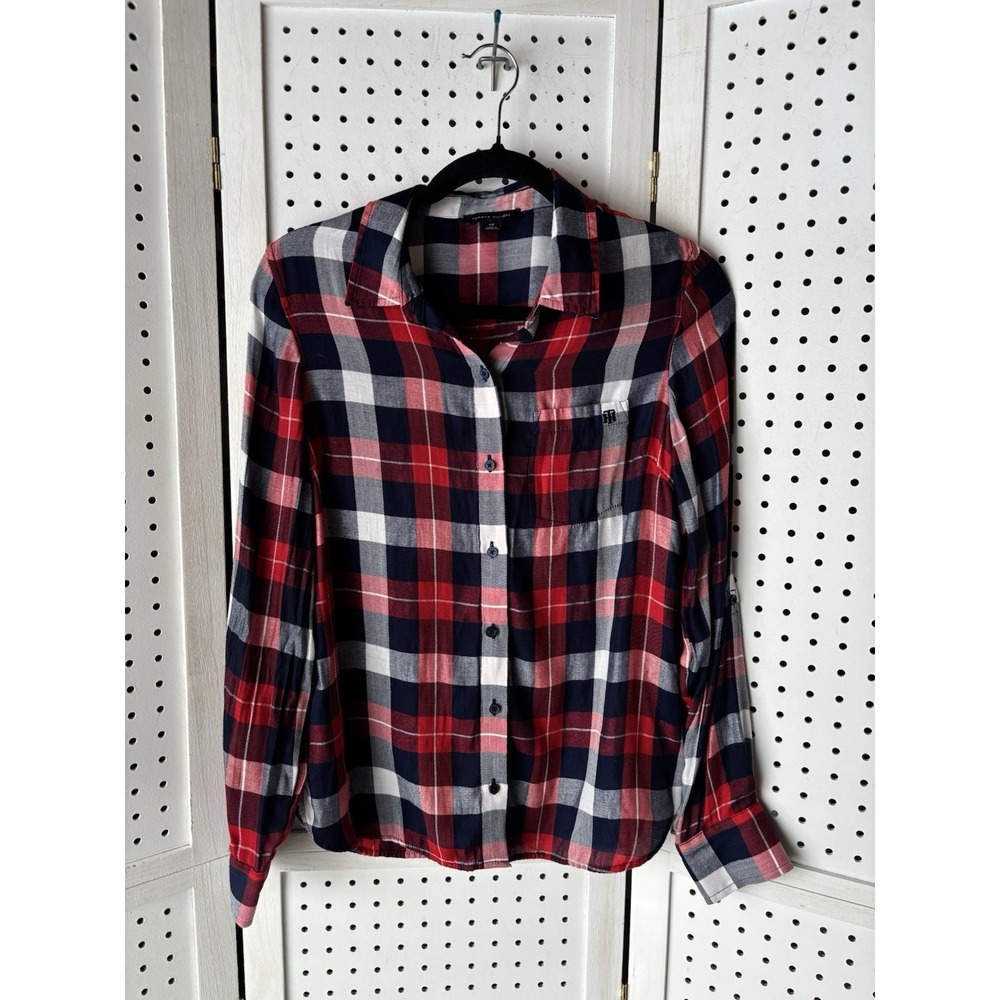 Tommy Halfiger Button Down Shirt Roll Tab SLV Women's S Red Blue White Plaid